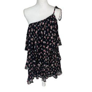 Lulu's Blowing Kisses Black Floral Print One Shoulder Tiered Mini Dress X-Large